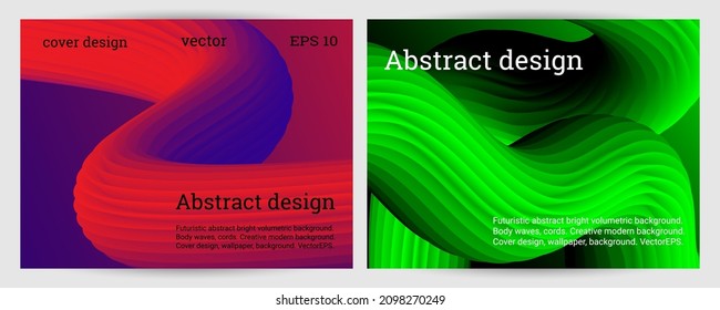 Volumetric multi-colored relief waves wriggle against a gradient background. Tube paste. Set of 2 covers. Cover design, wallpaper, background, banner, flyer.