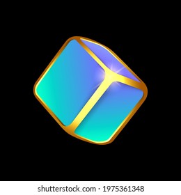 Volumetric neon cube with golden faces. Simple solid geometries. 