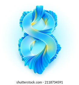 Volumetric number eight made of frosted glass with abstract flowers. Isolated vector template for 8 March greeting card, banner International Women's Day. Floral illustration for spring holiday