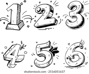 Volumetric numbers one, two, three, four, five and six on transparent background. Set of vector line sketches in retro groovy style