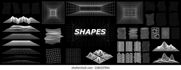 Volumetric objects retrofuturistic concept. Grid frame, mesh, abstract backgrounds and grid style ground, tunnels and rooms in perspective. Cyberpunk graphic set 80s 90s vaporwave. Vector elements