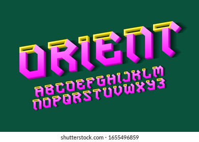 Volumetric orient alphabet of pink yellow letters. 3d display oblique font. Isolated english alphabet.