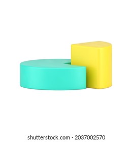 Volumetric pie chart side view 3d icon. Infographic green circle with yellow part. Statistics and calculations of marketing. Data slice for processing resulting growth. Realistic isolated vector