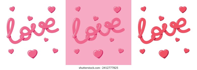 Volumetric pink word Love is like balloon on transparent background. Heart. Vector illustration. Card for lover on Valentine's Day. Concept of spring holiday, February 14, happiness, marriage, wedding