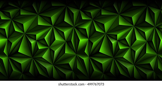 Volumetric polygonal green pattern. Vector horizontal luxury abstract background. Dark modern dynamic fond. Repeating geometric. Low poly texture. Black edges