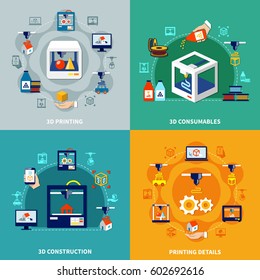 Volumetric printing 2x2 design concept with printing details consumables and 3d construction flat compositions vector illustration 
