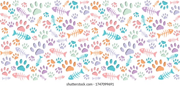 Volumetric prints of cat's paws and skeletons of fish of different colors on a white background. Warm endless seamless vector pattern of cat tracks. Pads and fish bones