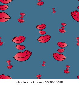 Volumetric puffy lips pattern. Air kiss. Star decoration. Idea for fabric, wallpaper. Vector. Blue background. Illustration for Valentine day. Holiday print.