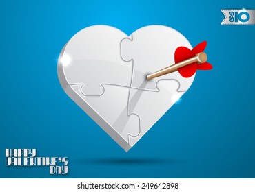 Volumetric puzzle white heart with arrow on a blue background