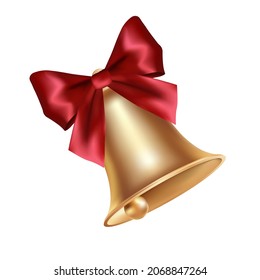 Volumetric realistic golden Christmas bell with red bow