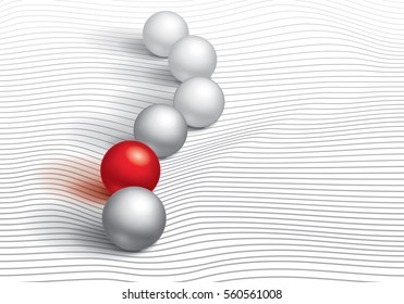 Volumetric red ball and a few gray areas on striped and wrinkled surface, wave lines, minimalistic vector abstraction