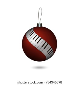 Volumetric red Christmas ball with the image of piano keys on a white background. Vector illustration