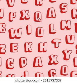Volumetric red Font. Unique kids style modern Alphabet. Hand drawn trendy Vector illustration. Typography, lettering, calligraphy concept. Square seamless Pattern, background, wallpaper