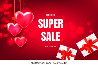 Volumetric red hearts hang and gift boxes with ribbon on horizontal red background advertising banner or poster for Valentines Day, wedding. Vector design of discount banner for holiday sale.