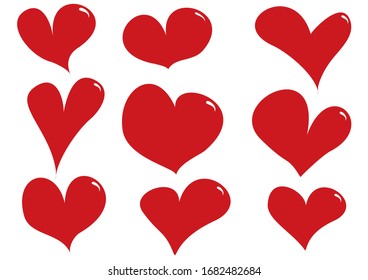 Volumetric red hearts. Set of hand drawn heart collection.  Hearts buttons. Vector illustrations.