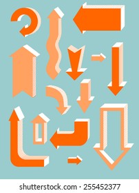 Volumetric red and orange arrows with hatching. Vector.