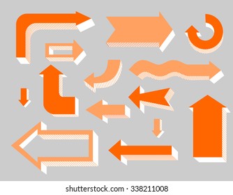 Volumetric red and orange arrows with hatching. Vector.