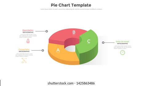 Gráfico circular volumétrico tipo anillo dividido en 3 sectores o piezas. Comparación de tres partes del proyecto empresarial. Plantilla de diseño infográfico realista. Ilustración vectorial creativa para la presentación.