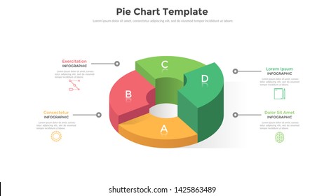 Volumetric ring-like pie chart divided into 4 sectors or pieces. Comparison of four parts of business project. Realistic infographic design template. Creative vector illustration for presentation.