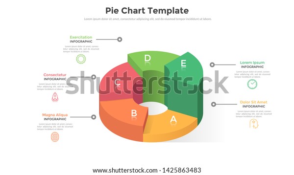 Volumetric ring-like pie chart divided into\
5 sectors or pieces. Comparison of five parts of business project.\
Realistic infographic design template. Creative vector illustration\
for presentation.