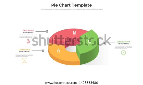 Volumetric ring-like pie chart divided into\
3 sectors or pieces. Comparison of three parts of business project.\
Realistic infographic design template. Creative vector illustration\
for presentation.