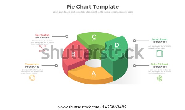 Volumetric ring-like pie chart divided into\
4 sectors or pieces. Comparison of four parts of business project.\
Realistic infographic design template. Creative vector illustration\
for presentation.