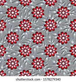 Volumetric seamless floral 3d pattern. Large red-burgundy with black flowers, light twigs with silver-gray leaves, gradient, shadow, gray background. Ideal for any of your design or project.