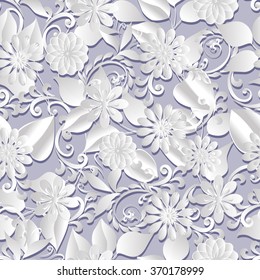 Volumetric seamless floral pattern background. Paper cut out seamless floral pattern.
