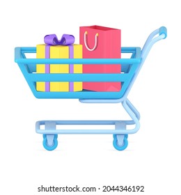 Volumetric shopping cart with purchases 3d icon. Blue trolley with gold gift and paper red bag. Retail and marketing bonuses. Minimalistic design commercial purchases and discounts. Realistic vector