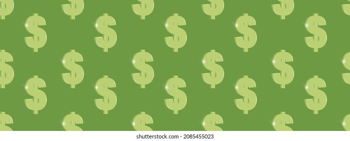 Volumetric Sign of dollar on a green background. Seamless patterns. Concept of The Financial Activities. 3d Vector.