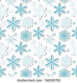 Volumetric snowflakes seamless pattern. New Year s snow endless background, winter repeating texture. Christmas backdrop. Vector illustration