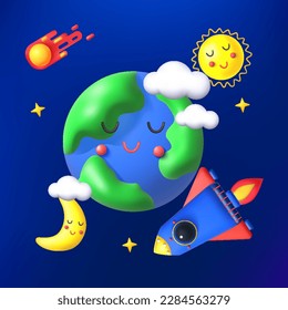 Volumetric space illustration.
Planet earth, rocket, sun and moon.