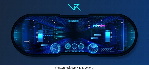 Volumetrischer Raum der virtuellen Realität mit Head-up Display-Design im HUD-Stil. Futuristische GUI, UI, UX, Interface und VR Raum. 3D-Ansicht eines Helms mit virtueller Realität (VR). Hightech Cockpit-Dashboard. Vektorgrafik