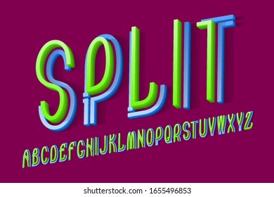 Volumetric split alphabet of blue green letters. 3d display oblique font. Isolated english alphabet.