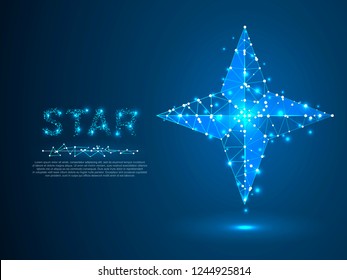 Volumetric star with four rays. Polygonal space low poly with connecting dots and lines. Star in the sky concept. Connection wireframe structure. Vector on dark blue background