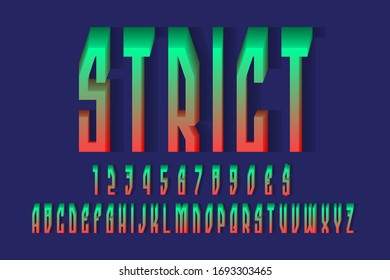 Volumetric strict green red alphabet with numbers and currency signs. 3d display font.