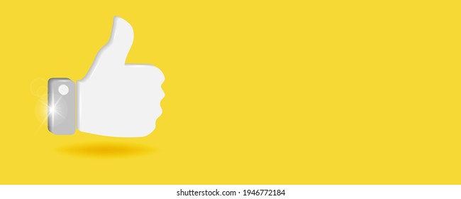 Volumetric thumb up icon, social media vector icon on a yellow background. Close-up. Minimalism. Social media communication. Vector.