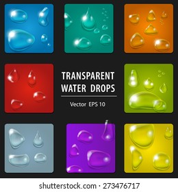 Volumetric transparent water drops with reflection a color background. Vector illustration. Can be used on any background