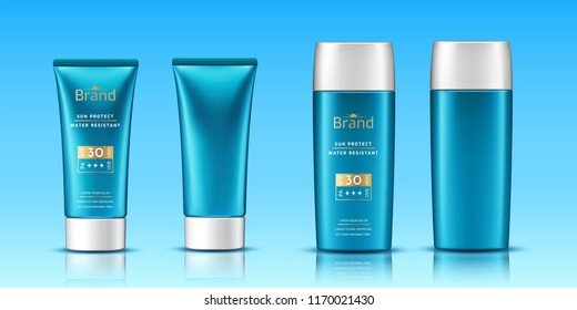 Volumetric tubes with sunscreen cream or realistic 3d plastic container as packaging template. Advertising for gel or lotion for beach. Skincare and branding, packaging and facial protection theme