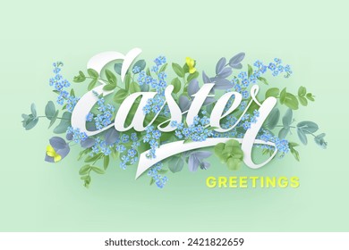Volumetric typographic inscription Easter with a floral arrangement of forget-me-not flowers with eucalyptus branches and yellow butterflies. Spring design on green background