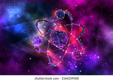 volumetric vector atom and electrons with space inside on replaceable translucent background
