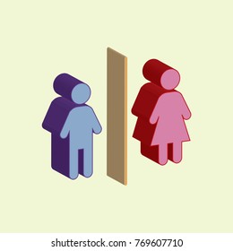 Volumetric vector: a badge of a man of blue color and a woman of pink color on a light yellow background. Isolated toilet sign - WC.