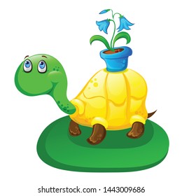 volumetric vector cute cartoon turtle with a flower bell in a pot on a yellow shell with crooked paws with big eyes, isolated on white background, eps 10 masqot in the meadow