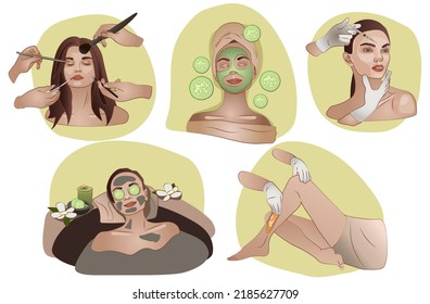 Ilustraciones vectoriales volumétricas para un salón de spa. Símbolos de varios procedimientos. Un conjunto de procedimientos.