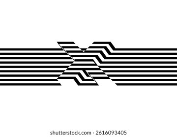 Volumetric vector letter X of black parallel lines on a white background. Modern striped pattern in retro style. Direction indicator, navigation. pointer Vector background. 3 d