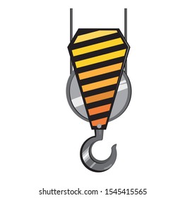 A volumetric vector metal crane hook with cables isolated on a white background. A single color 3D illustration with crane element for design.