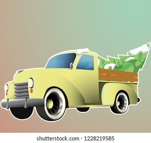 volumetric vector pickup truck, old scool car, yellow, with Christmass tree, we are taking the Christmas tree home