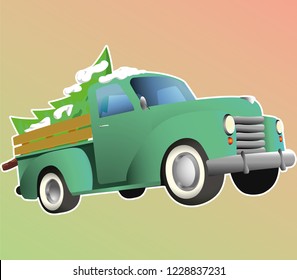 volumetric vector pickup truck, old scool car, green, with Christmass tree, we are taking the Christmas tree home