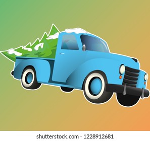 volumetric vector pickup truck, old scool car, blue, with Christmass tree, we are taking the Christmas tree home