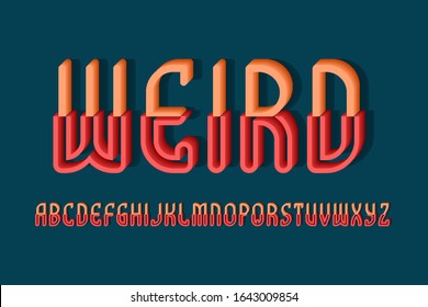 Volumetric weird alphabet of orange red letters of two parts. 3d display font. Isolated english alphabet.